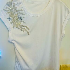 Motf Shein White Cotton Top with Beading and Faux Pearls  Size S NWT